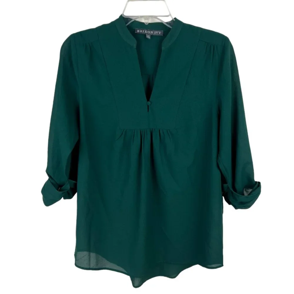 Stitch Fix Brixon Ivy Forest Green popover blouse top Sz S 3/4 sleeve v-neck - Picture 1 of 6
